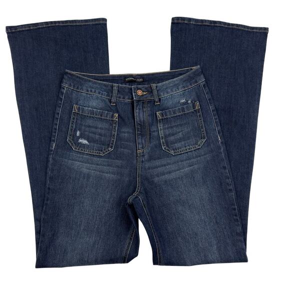 Sincerely Jules Dark Wash Distressed Flare Jeans Women’s Size 7 / 28 High Rise - Picture 2 of 5